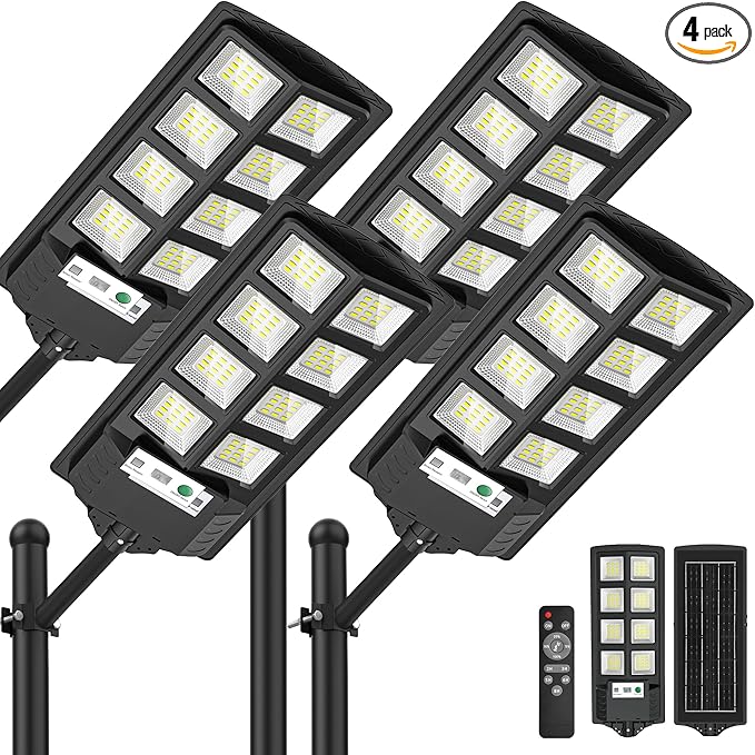 Solar Lights Outdoor, 6000K LED Solar Lights Outdoor Waterproof, Solar Flood Lights Outdoor with Motion Sensor and Remote Control, Solar Street Light Dusk to Dawn 4-Pack