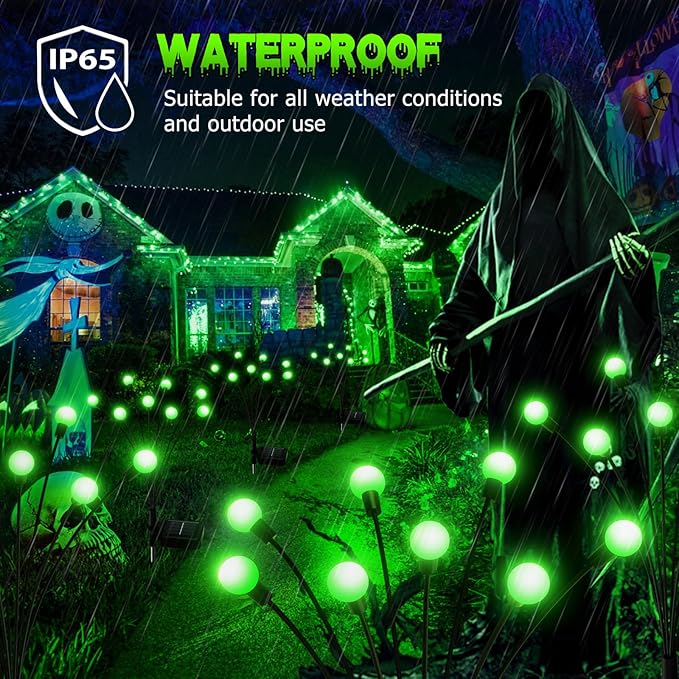LETMY 6Pack 48 LED Halloween Decorations Outdoor Upgraded Swaying Solar Lights Outdoor, Waterproof Solar Firefly Lights Solar Halloween Lights for Pathway Yard Garden Decorations (Green)