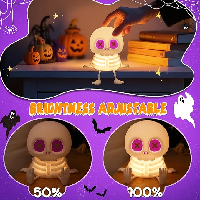 Skull Night Light, Cute Silicone LED Skeleton Lamp, Color Changing & Dimmable Helloween Room Decor, Squishy Cordless Rechargeable Nightlight, Bedside Light for Christmas Halloween Gifts