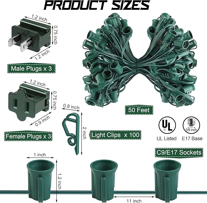 Fovths 50 Ft C9/E17 Christmas Light Sockets Set Outdoor UL Listed String Light Include 50 E17 Socket with 100 Clips, 6 Female Male Plug, Christmas C9 Green Wire for Patio Event Decor
