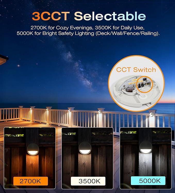 CLOUDY BAY [6 Pack] 3CCT Low Voltage LED Deck Lights Outdoor,2700K/3500K/5000K Selectable,Landscape Step Stair Railing Fence Light Wired,3W,12V-24V AC/DC Deck Lighting Fixtures,White