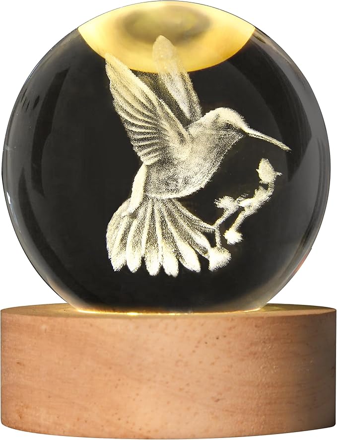 3D Laser Engraved Bird Crystal Ball with LED Stand, 60mm Hummingbird Figurine Lamp Night Light, Glass Hummingbird Globe Paperweight Gift