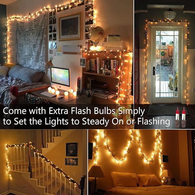 ODEETRONIC Steady & Blink Clear Lights, 21.63ft 100 Count Incandescent Christmas Lights, UL Certified Connectable Tree Light Warm White, 2 Mode Mini Light for Indoor Outdoor Xmas Party, Brown Wire