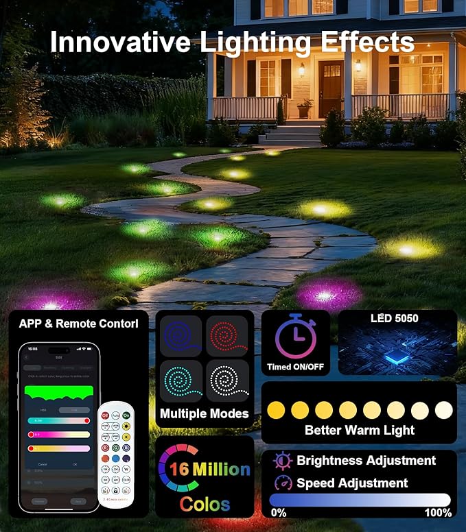 100Ft RGB Ground Lights Outdoor LED Pathway Lights, Multi Color Changing Christmas Decor Waterproof Walkway Lighting for Outside Garden Back Yard Lawn Driveway Patio Landscape Lighting, Smart Control