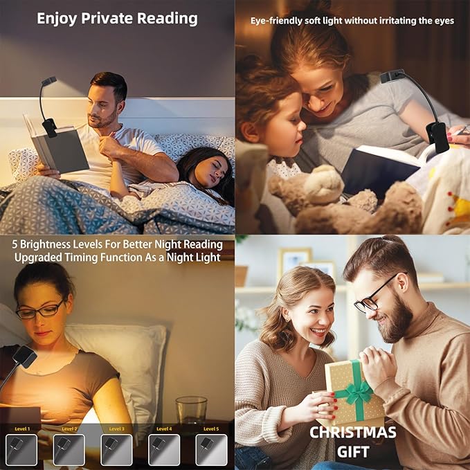 5 Pack Rechargeable Book Lights for Reading at Night in Bed Rechargeable LED Book Light with Memory Function Lightweight Booklight Bulk Clip on Small Travel Reading Lamps for Book Lovers USB Charging