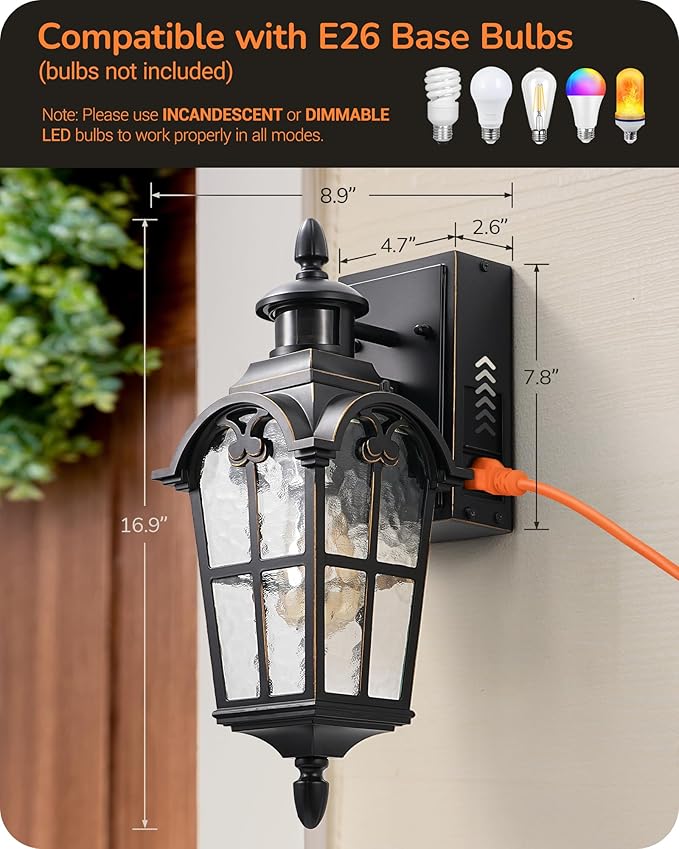 EDISHINE Motion Sensor Outdoor Lights, Porch Light with GFCI Outlet, Exterior Lighting Fixtures Dusk to Dawn Outside Wall Sconce with Water Ripple Glass, Wall Mount Lantern Lamp for House Garage