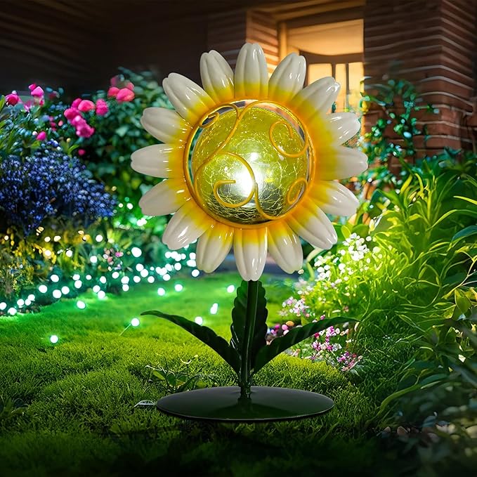 MUMTOP Solar Lanterns Outdoor - Sunflower Solar Lights Decorative, Tabletop Lantern Lamp Ornaments with Cracked Glass for Yard Patio Garden Outside Decorations