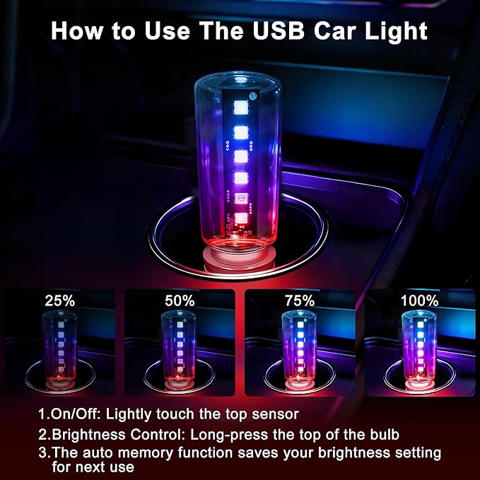 13-in-1 Car USB Night Light - Touch Dimmable LED Filament Lamp with 13 Modes & 7 Colors, USB Interior Lights for Car, Truck, Party, Camping, Holiday, Bedroom, Desktop（2Pcs）