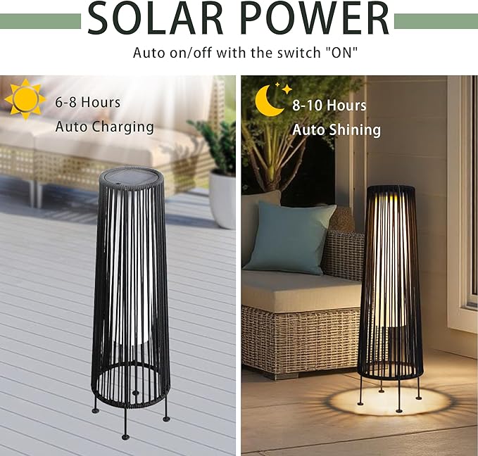 TRIROCKS Outdoor Floor Lamp 2 Piece Solar Powered Lantern Wicker Solar Patio Lamp with Olifen Rope Waterproof Rattan Outside Solar Deck Light for Patio Garden Lawn Yard (Black)
