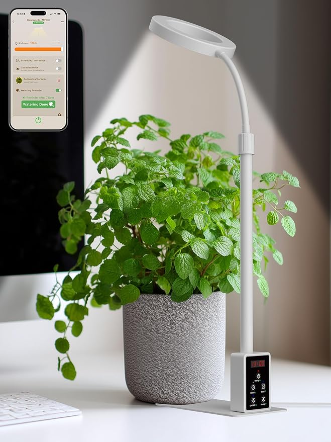 Smart Grow Lights for Indoor Plants, Plant Light with Auto-Timer, Full Spectrum LED Grow Light, Adjustable Height & Stepless Dimming,Plant Assistant Suitable for Most Plants (White, 8W)