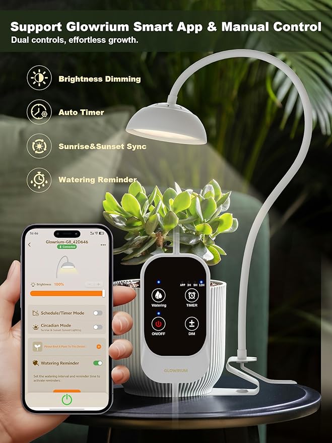 GLOWRIUM Smart Grow Lights for Indoor Plants,10W Full Spectrum Plant Lights with Bluetooth App Control, 360° Flexible Gooseneck Grow Lamp, Auto Timer 3/9/12Hrs, 10 Brightness for Small Plants (White)
