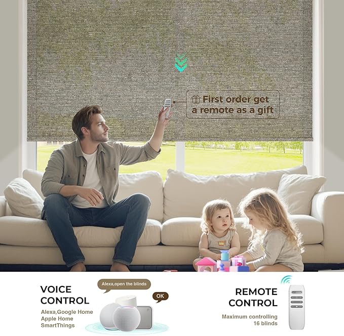 HeyBlinds Motorized Roller Shades, Smart Blinds for Windows, Remote Automatic Window Shades, Electric Shades, Light Filtering, Compatible with Alexa Google Apple Home (Light Chaser-Coffee LF)