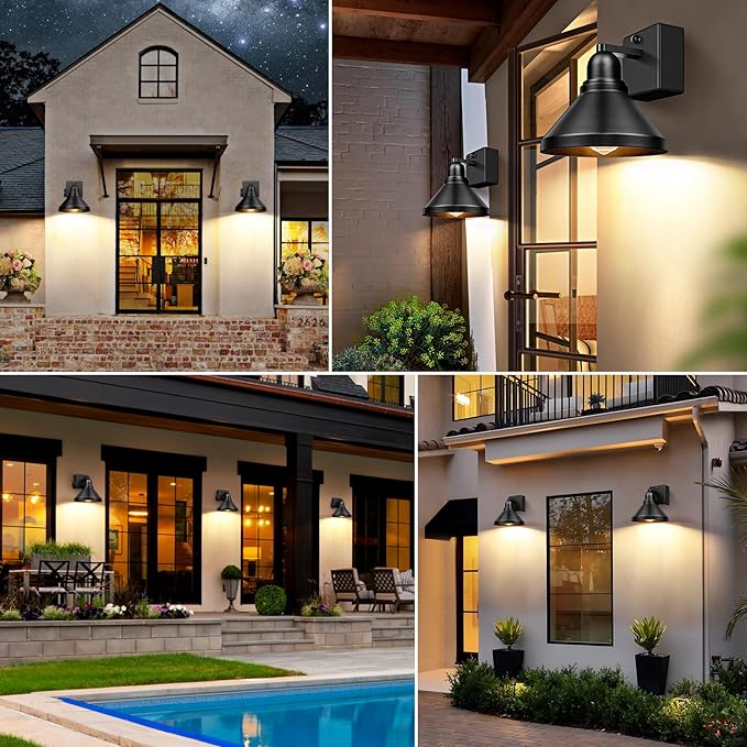 Brightever Motion Sensor Outdoor Wall Lights, Dusk to Dawn Porch Lights Outdoor Wall Sconces, Exterior Barn Lighting Fixtures with Outlet, Black Outside Lights for House, 2-Pack