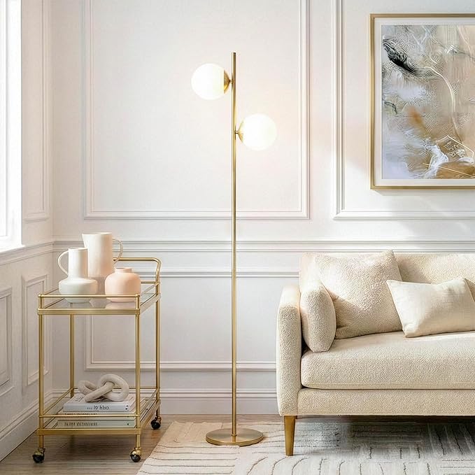 Brightech Sphere Floor Lamp for Living Room, Mid-Century Modern 2 Globe Pole Light for Bedroom, Bright LED Standing Lamps for Offices, Contemporary Living Room Décor – Gold/Antique Brass