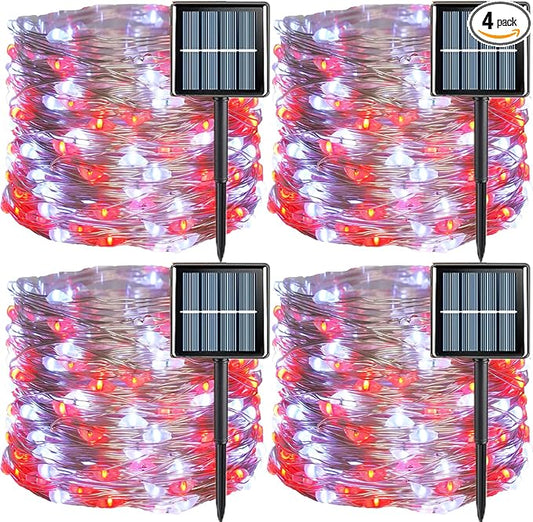 QITONG 4 Pack Red and White Solar Fairy Lights, Each 33ft 100 LED Christmas String Lights Outdoor Waterproof, 8 Modes Silver Wire Twinkle Lights