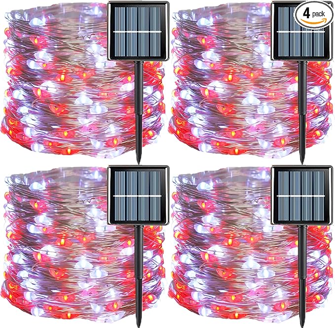 YEGUO 4 Pack Red and White Solar Fairy Lights, Each 33ft 100 LED Christmas Lights Outdoor Waterproof, 8 Modes Sliver Wire Solar String Lights