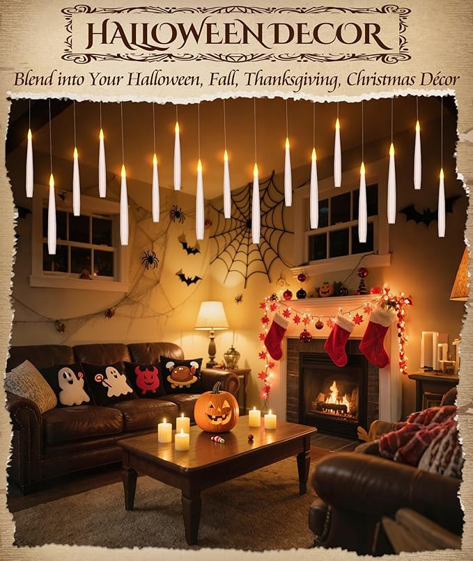 Halloween Decorations Floating Candles with Wand: 20Pcs Flameless Floating Candles with LED Warm Lights Battery Operated Magic Candle for Birthday Gifts Halloween Party Decorations Indoor Home Decor