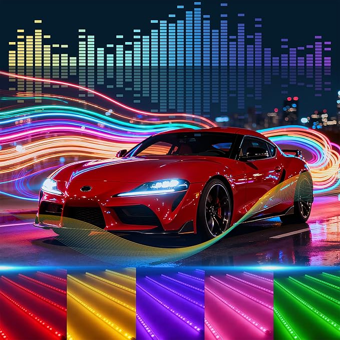 Car Interior LED Lights - 4PCs RGB Strip Lights with Bluetooth APP Control, Music Sync/DIY Mode, USB-Powered Ambient Lighting Kit for Cars, Trucks, SUVs (Universal Fit)