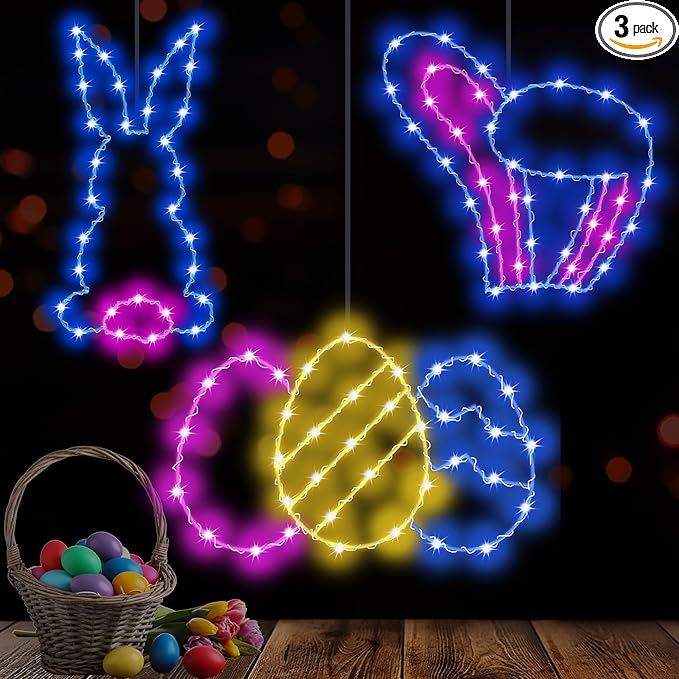 3 Packs Easter Decoration Lights, Hanging Easter Light Battery Operated with Timer & Remote, 62 LED Easter Bunny & Eggs Waterproof Window Lights - Indoor/Outdoor Decor
