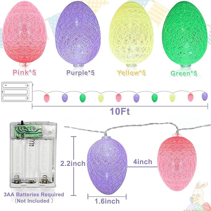TURNMEON Velvet Easter Lights String Easter Decorations, 10FT 20LED 3D Egg Light Garland with Timer Battery Operated Colorful Fairy Lights, Easter Decor for Home Bedroom Patio Indoor Outdoor