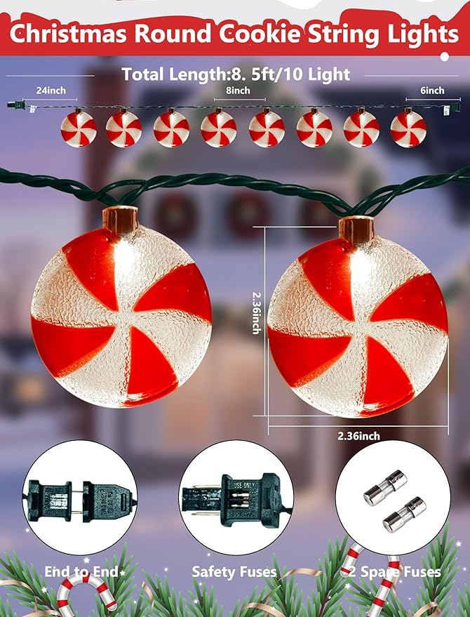 8.5Ft Christmas Candy Light, Christmas Decorations String Lights with 10 Red White Peppermint Bulbs, Plug in Fairy Lights for Indoor Party Kid's Room Xmas Tree Patio Bedroom Garden Decor