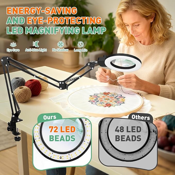 12X & 30X Magnifying Glass with Light, Ultra Long 3 Section Swing Arm LED Desk Lamp with Large Clamp, 3 Color and Brightness Hands Free Magnifier Light and Stand for Workbench Crafts Soldering