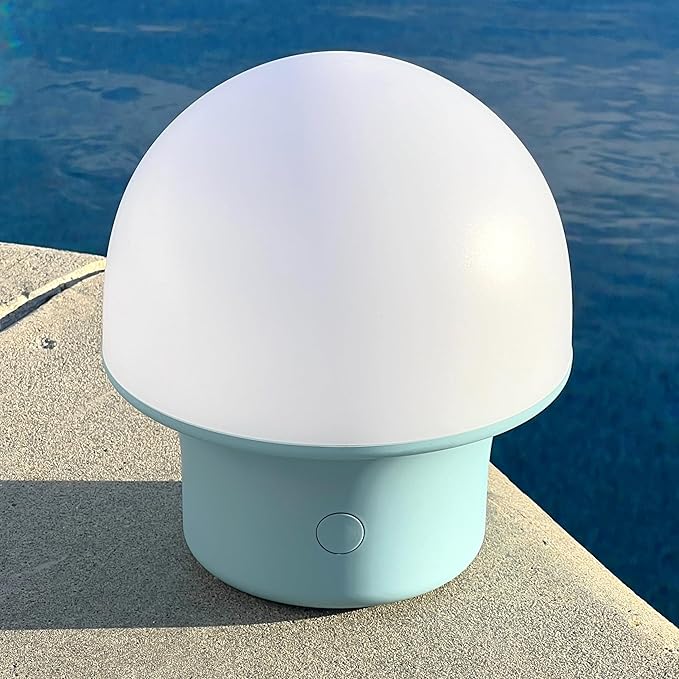 Brightech Portobello Cordless 7" Touch Table Lamp - Small Dimmable Outdoor Mushroom Light for Camping & Side Tables - Modern Rechargeable Portable Bedside Light for Desk Bedroom, Nightstand - Blue