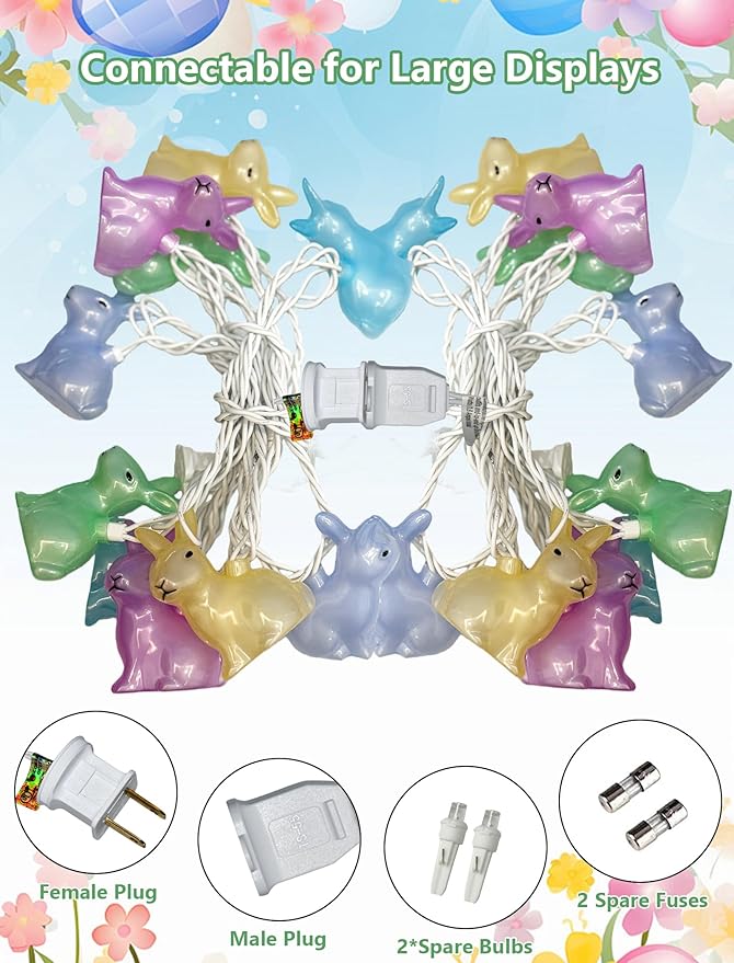 Easter Rabbit String Lights, 8.5ft 10 Count Multicolor Bunny Lights White Wire, UL Certified Connectable, Cute Easter Decorations for Home Indoor Outdoor Spring Party