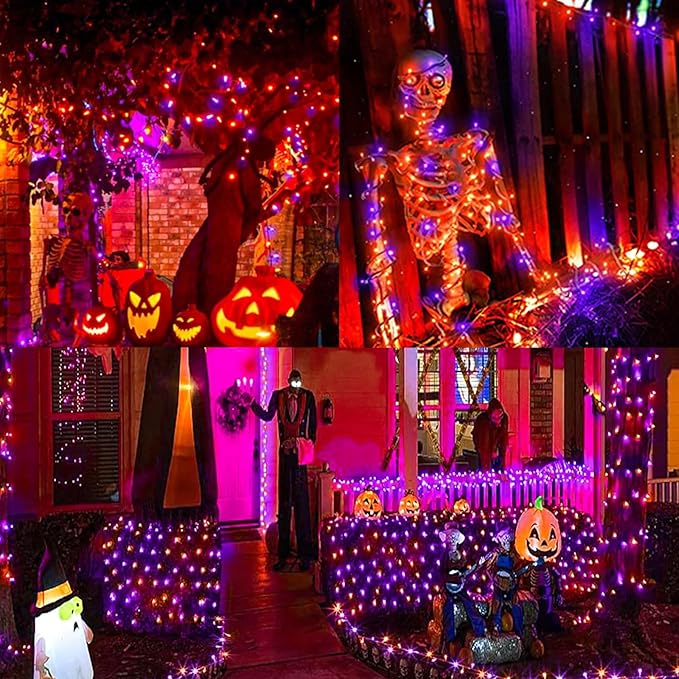 LAMPHOME 33ft Halloween Decorative Mini Lights, 100 LED Transparent Wire Fairy Starry String Lights Plug in, 16 Lighting Modes, for Halloween Decoration Outdoor Party Decoration (Orange and Purple)
