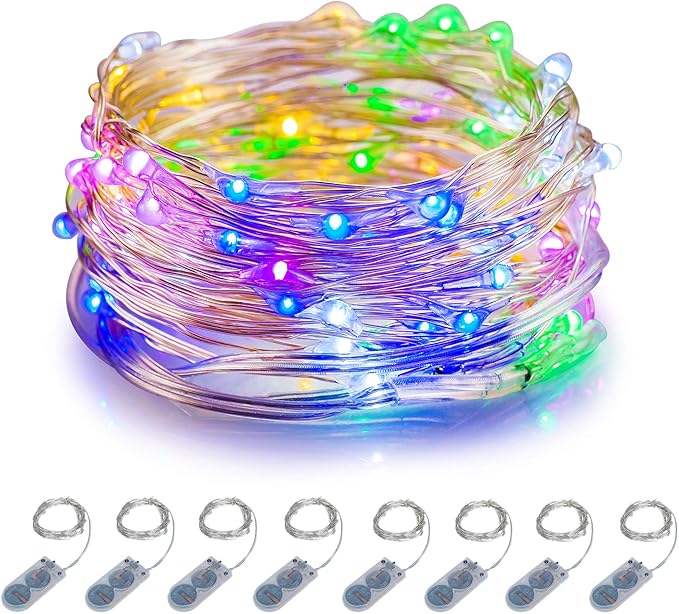 ITART Micro LED String Lights Battery Powered 8 Packs Multi Color Mini Fairy Light 20 LED Ultra Thin Silver Wire Rope Lights for Christmas Halloween Mardi Gras Wedding Parties Bedroom