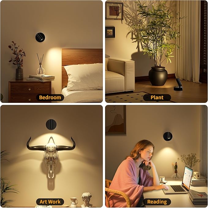 Rechargeable LED Spotlight Indoor: Wireless Battery Operated Spotlight with Remote Control Small Picture Spot Light Accent Uplighting for Plant Artwork Black