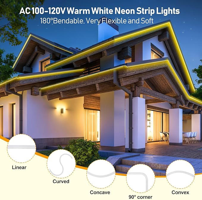 FORT 16.4FT LED RGB Neon Rope Lights, ETL-Listed AC 110-120V LED Strip Lights 144 LEDs/m with Remote, Dimmable Multicolor Change Flexible Neon Rope Lighting Conectable Waterproof for in&Outdoor