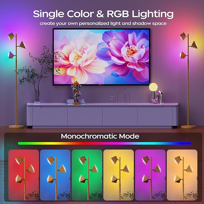 RGBCW Floor Lamp, 36W Color Changing LED Tree Floor Lamp, Stepless Dimmable Tall Standing Lamp with Remote & Touch Control, 2700K-6500K Modern Floor Lamps for Living Room, Bedroom, Gaming Room - Gold