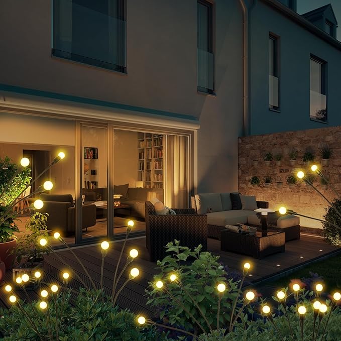 2 Pack IP65 Waterproof Solar Firefly Lights, 16 LED Warm White Swaying Lamps with Realistic Effect, Wind-Activated 8 Hrs Runtime No Wiring for Landscape Yard Patio Halloween Christmas Decor