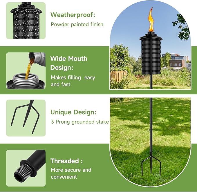 ZSZMFH 6 Pcs Metal Torch for Outside, 16 oz Outdoor Metal Torch Garden Décor,59-Inch Upgraded Citronella Torches with 3-Prong Grounded Stake, Table Top Torches for Party Patio Pathway