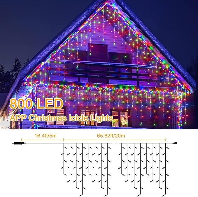 Color Changing Icicle Lights for Outside,82ft 800 LEDs Christmas Light,APP Control,Music Sync,Waterproof LED Icicle Lights for Eaves Yard House Holiday Christmas Decoration,Warm White and Color