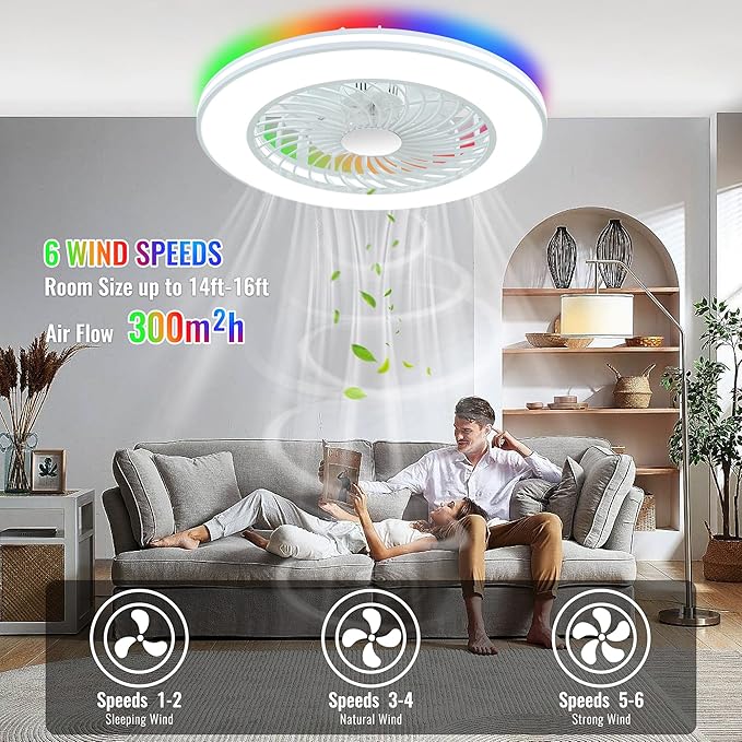 24'' Low Profile Bladeless Ceiling Fans with Lights, Remote/APP/Alexa Smart Control, RGB & 3CCT Dimmable, Flush Mount Ceiling Fan with 6-Speed Reversible for Bedroom Living Room Kid's Room