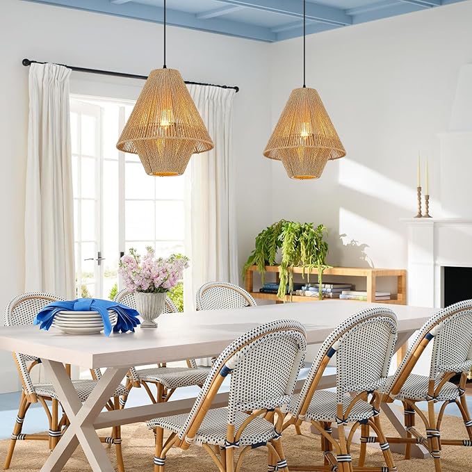 15” Boho Hand Woven Rattan Pendant Light Classic Coastal Chandelier for Kitchen Island Dining Room Hallway, UL Listed