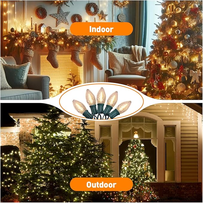 C9 LED Christmas Lights Outdoor, 25FT Green Wire, Warm White Vintage Patio Hanging Lights, Waterproof for Porch, Xmas Tree, Holiday Party Décor