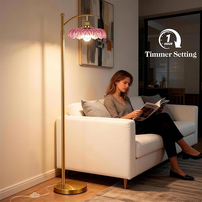 Gold Floor Lamp for Living Room, Dimmable Mid Century Modern Standing Lamp with Remote Control and Pink Glass Shade, 68" Tall Lamp for Bedroom, Vintage Retro Antique Glass Flower Lamp, Brushed Gold