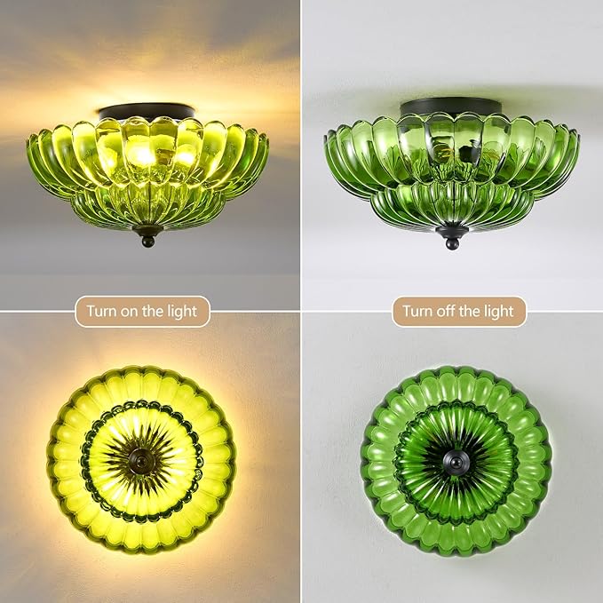 Modern Black Ceiling Light Fixture, 12" Green Glass Flush Mount Chandeliers, Semi Flush Mount Ceiling Light Fixture Suitable for Living Room Hallway Kitchen Bedroom