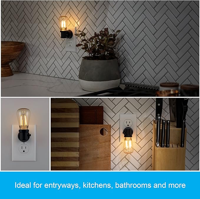 GE Vintage LED Edison Night Light, Plug-in, Dusk to Dawn Sensor, Farmhouse Decor, Mood Lighting, Home Decor, Ambient Lighting, LED Lights for Bedroom, Bathroom, Kitchen, Hallway, Black, 1 Pack, 64346