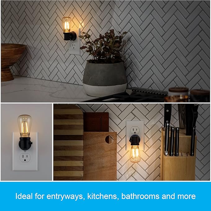 GE Vintage LED Edison Night Light, Plug-in, Dusk to Dawn, Farmhouse Decor, Mood Lighting, Home Decor, Ambient Lighting, LED Lights for Bedroom, Bathroom, Kitchen, Hallway, Black, 2 Pack, 71349