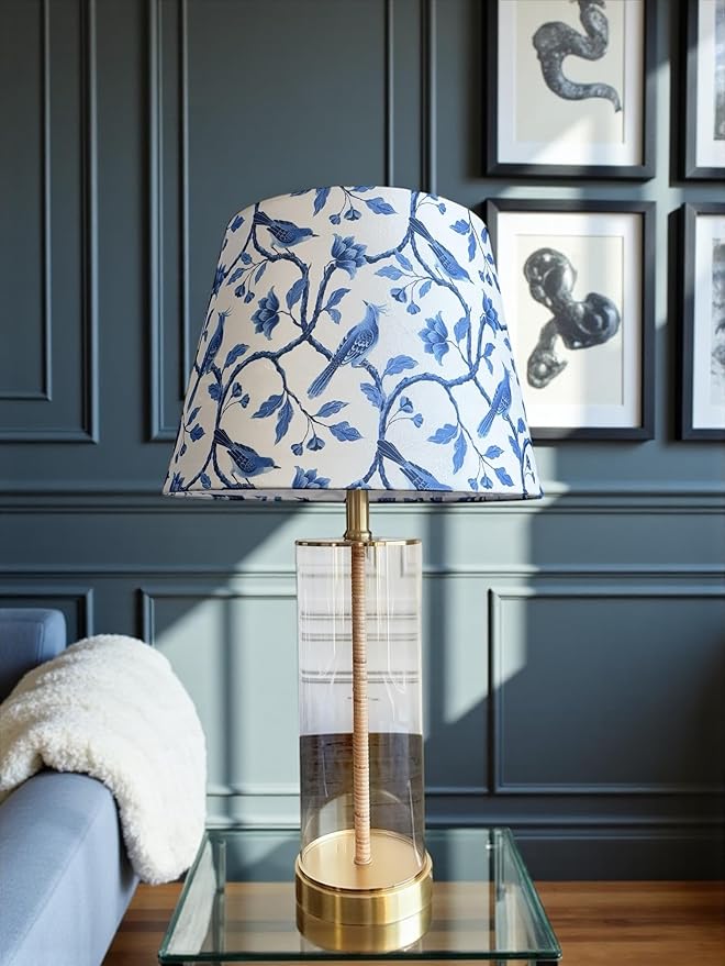 Tristan Home Blue & White Chinoiserie Empire Lamp Shade – 14" Bottom x 10" Height – Textured Velvet Bird Floral Pattern – Spider Fitter Replacement Shade