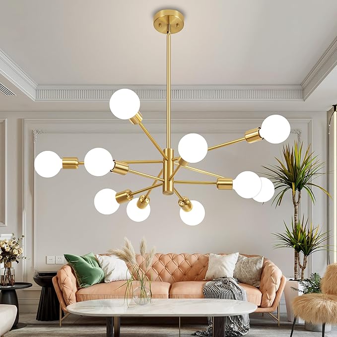 Sputnik Chandelier Modern Gold Chandelier Mid Century Ceiling Lighting Fixtures 10 Lights E26 for Living Room, Kitchen Island, Bedroom, Dining Room, and Farmhouse