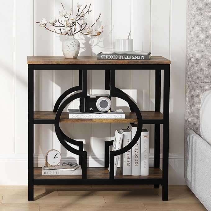 End Table Set of 2, Narrow Side Table with 3-Tier Storage Shelves, Wood Sofa Side Table with Geometric Metal Frame for Living Room, Industrial Bedside Nightstand for Bedroom (Brown)