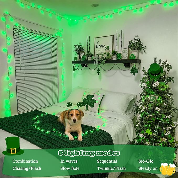 JMEXSUSS 2 Pack Green St Patricks Day Lights, Each 100 LED Connectable Green Christmas Lights Outdoor Waterproof, String Lights Plug in Indoor for St Patricks Day Christmas Bedroom Decorations