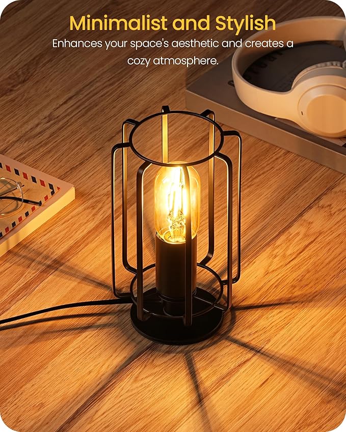 Industrial Table Lamp Set of 2, Small Bedside Lamp with Dimmable 2400K Warm Light LED Bulb, Vintage Desk Lamp, Rustic Nightstand Lamp for Bedroom, Study, Office, Small Space, Black B05TLP205
