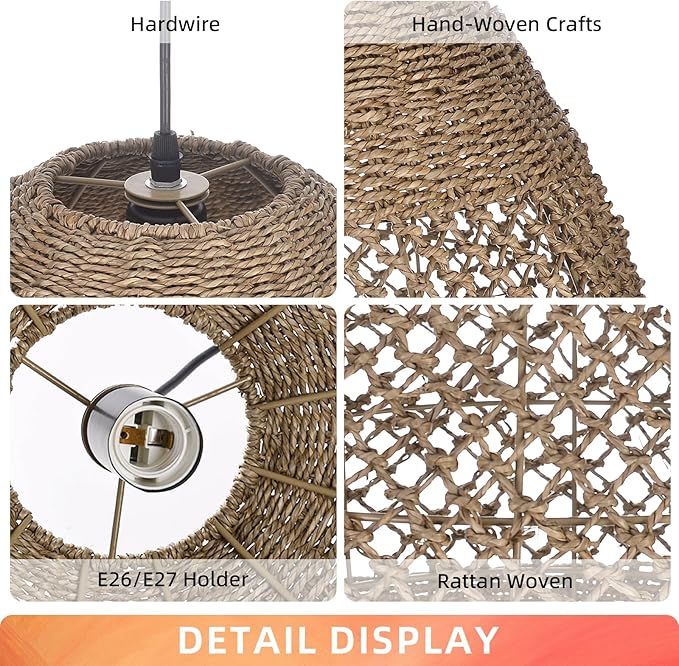 Arturesthome Large 23.6in Rustic Rattan Pendant Light,Basket Hanging Light Ceiling Lamp for Dining Room, Farmhouse Wicker Chandelier for Living Room Foyer Bedroom Hallway