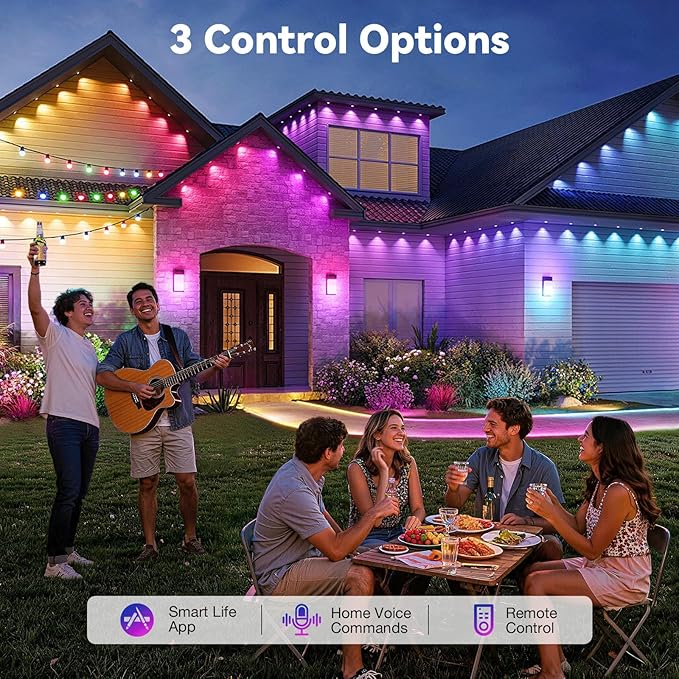 Permanent Outdoor Lights, 104FT RGB String Downlights with Colors Scene Modes, IP67 Waterproof Smart LED Eaves Lights for Christmas, Halloween, Party